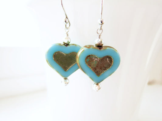 Turquoise Czech Glass Heart Earrings - Sienna Grace Jewelry | Pretty Little Handcrafted Sparkles