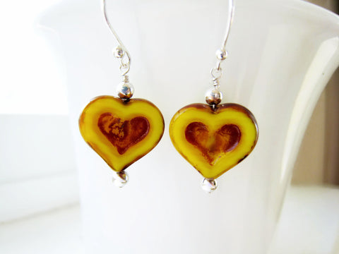 Valentines Day Yellow Czech Glass Heart Earrings - Sienna Grace Jewelry | Pretty Little Handcrafted Sparkles