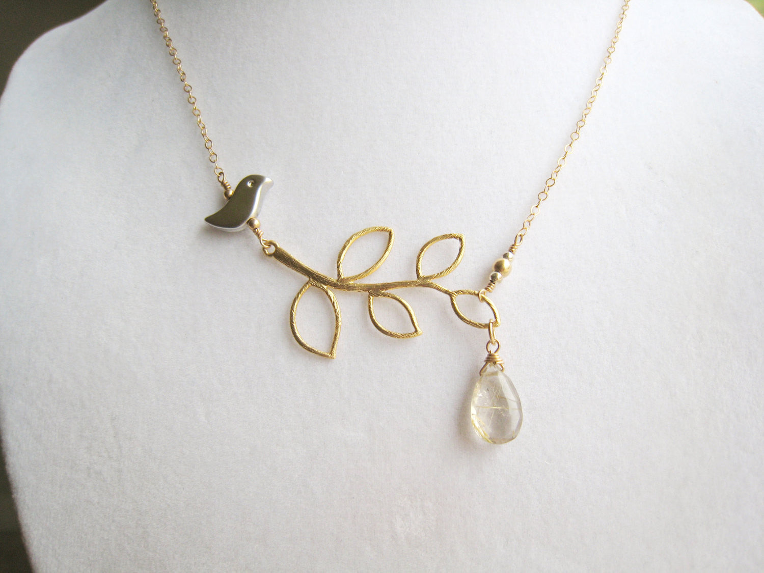 Silver Bird Necklace On Gold Leaf Rutilated Quartz Teardrop Dangle - Sienna Grace Jewelry | Pretty Little Handcrafted Sparkles