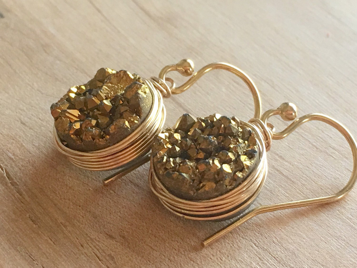 Gold Druzy Quartz Earrings Drop Dangle Style - Sienna Grace Jewelry | Pretty Little Handcrafted Sparkles