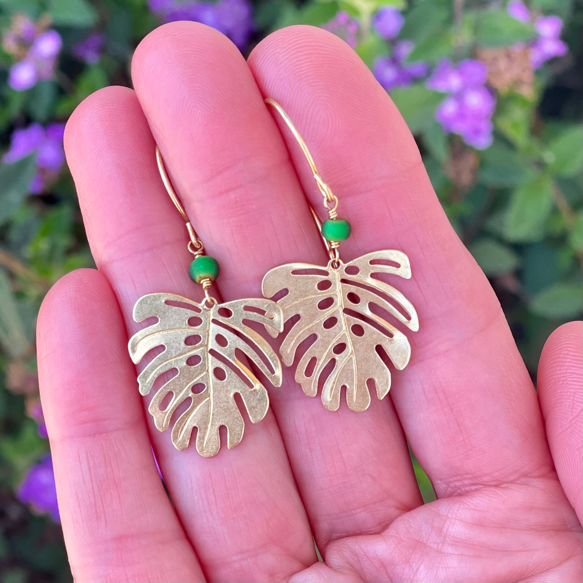 Monstera Earrings Brass Dangles - Sienna Grace Jewelry