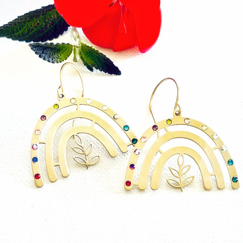Rainbow Earrings Gold Brass Crystal Dangles - Sienna Grace Jewelry