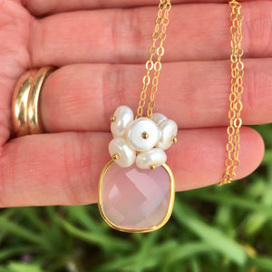 Pink Chalcedony With Button Pearls 14 k Gold Filled - Sienna Grace Jewelry