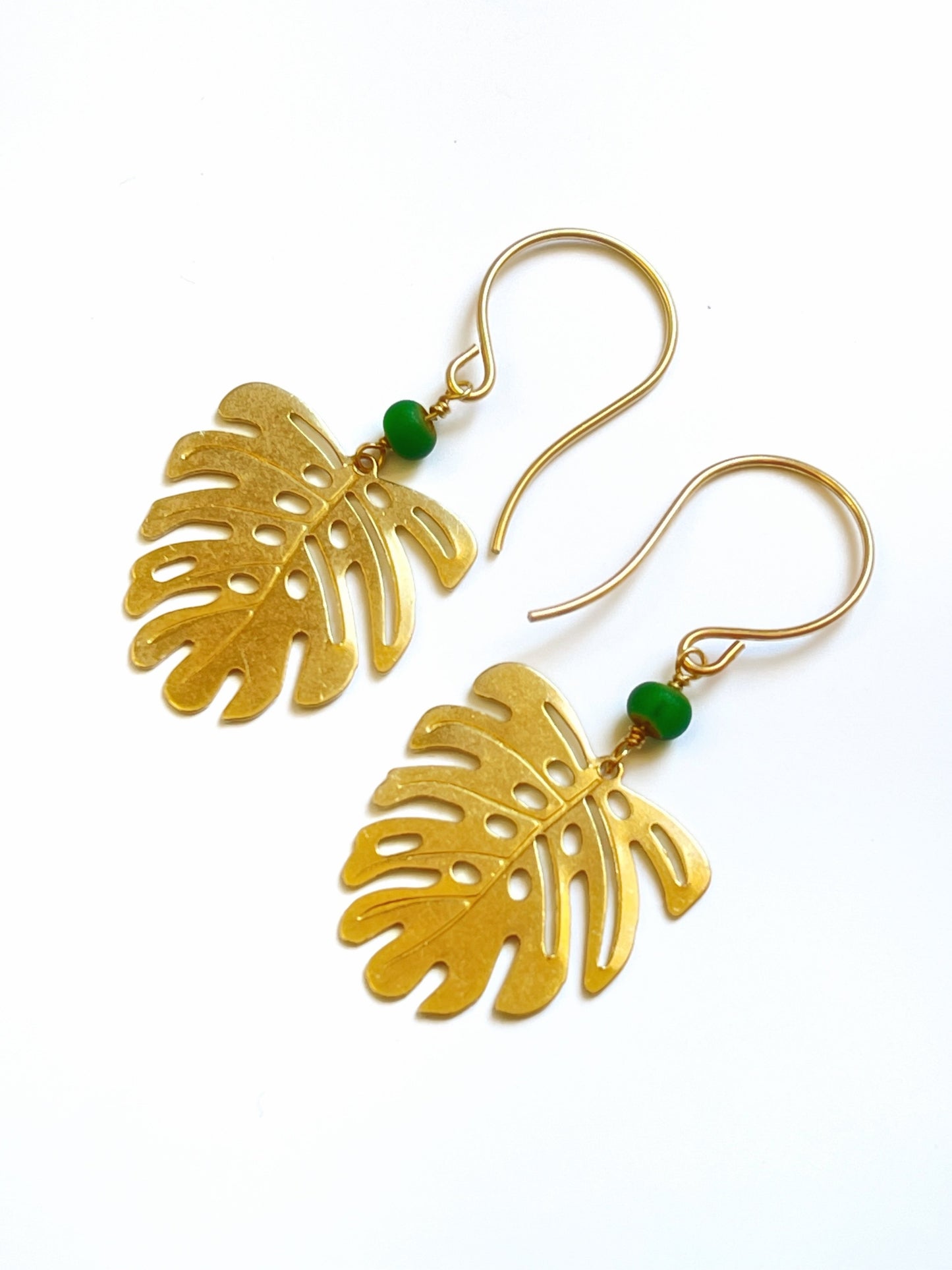 Monstera Earrings Brass Dangles - Sienna Grace Jewelry