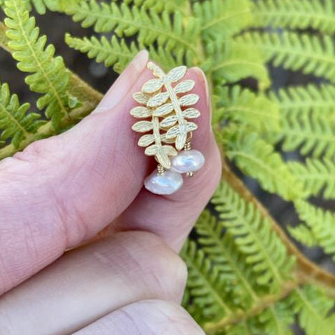 Little Fern Earrings With Pearl Dangle Gold Tone - Sienna Grace Jewelry
