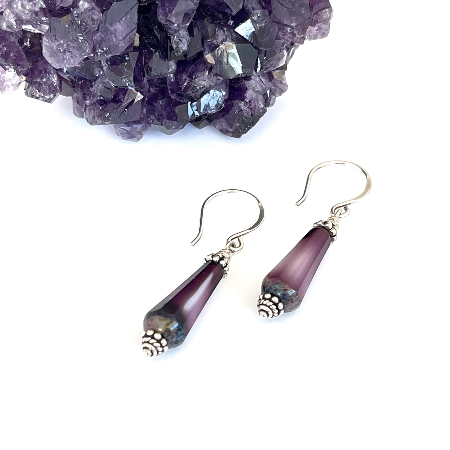 Purple Czech Glass Earrings Sterling Silver - Sienna Grace Jewelry