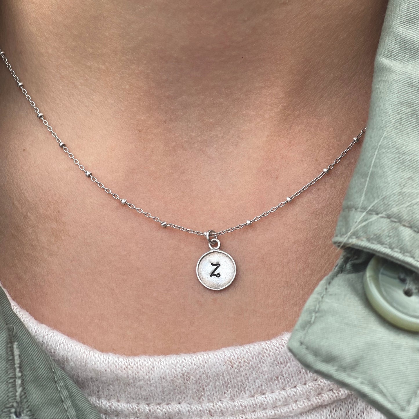 Tiny Initial Necklace Hand Stamped Personalized Sterling Silver - Sienna Grace Jewelry