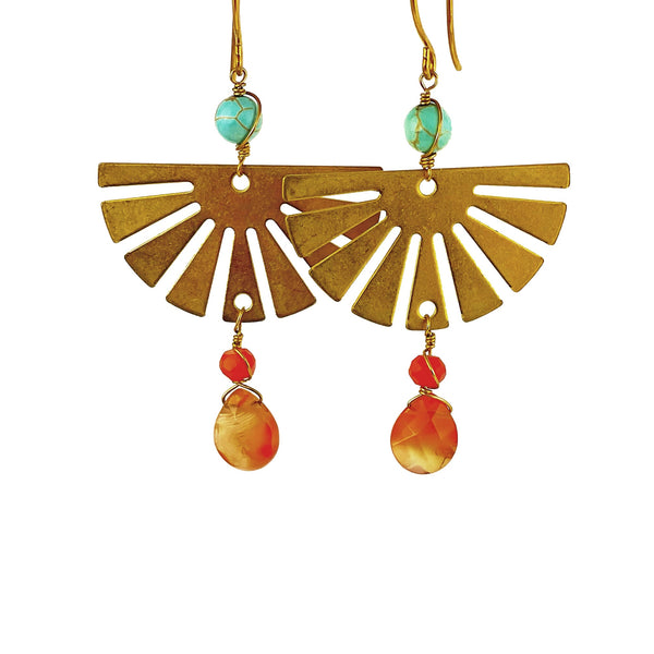 Brass Sun Earrings with Carnelian and Turquoise