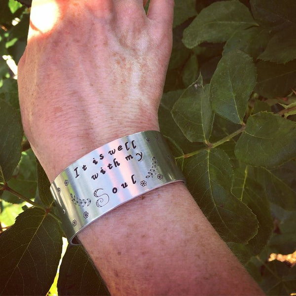 It Is Well With My Soul Hand Stamped Cuff Bracelet - Sienna Grace Jewelry | Pretty Little Handcrafted Sparkles